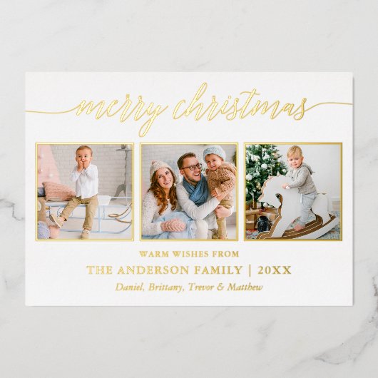 カリグラフィー クリスマス 3 枚の写真 ダスティーブルー ゴールド 箔シーズンカード (正面)