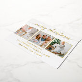 カリグラフィー クリスマス 3 枚の写真 ダスティーブルー ゴールド 箔シーズンカード (回転した状態)