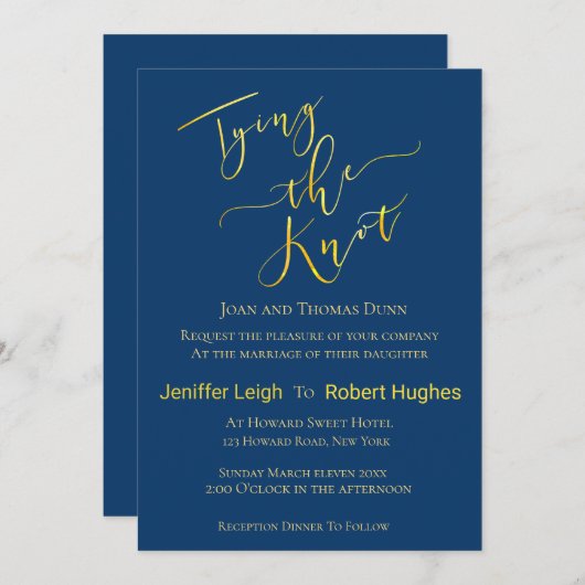 カリグラフィー ゴールド タイング ザ ノット フォイル ウェディング 招待状 (正面/裏面)