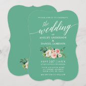 カリグラフィー スクリプト ピンク ホワイト フローラル ネオ ミント 招待状 (正面/裏面)