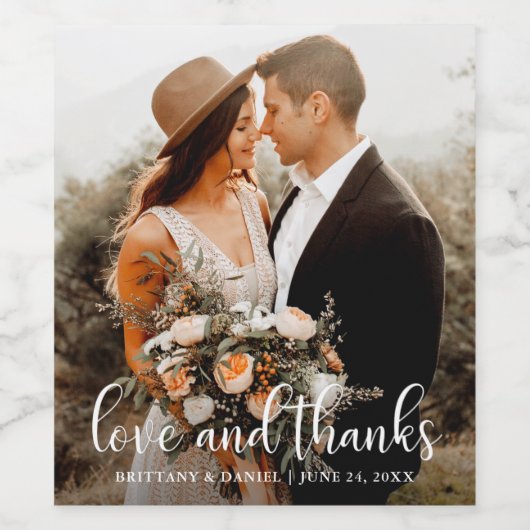 カリグラフィー スクリプト ラブ アンド サンクス フォト ウェディング ワインラベル (シングルラベル)