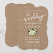 カリグラフィー スクリプト 緑の花の結婚式 クラフト紙 招待状 (正面/裏面)