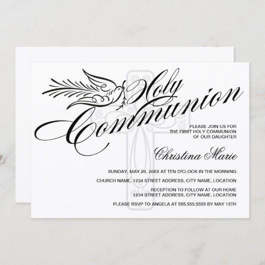 カリグラフィー ダヴとクロス 初めての聖体拝領 招待状 (正面/裏面)
