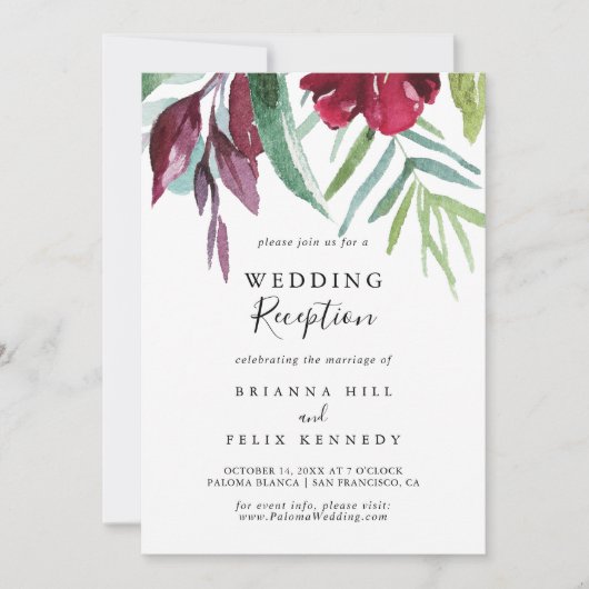 カリグラフィー トロピカル フラワーの結婚式の披露宴 招待状 (正面)