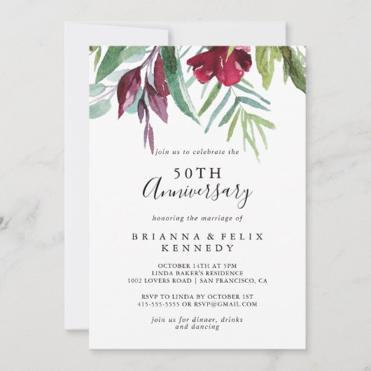 カリグラフィー トロピカル 50周年 結婚記念日 招待状 (正面)