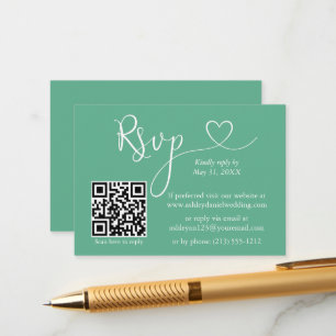 カリグラフィー ハート ウェディング QR RSVP ネオ ミント グリーン エンクロージャーカード