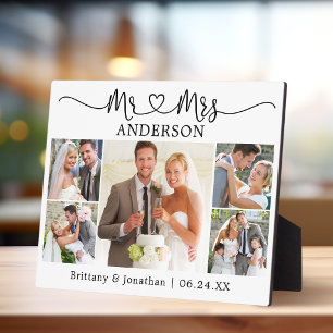 カリグラフィー ハート Mr. and Mrs. 5 枚の写真 ウェディング フォトプラーク