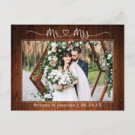 カリグラフィー ハート Mr. Mrs. 結婚 ウッド サンクス ポストカード
