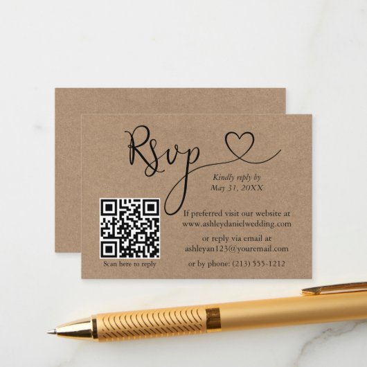 カリグラフィー ハート QR ウェディング クラフト RSVP エンクロージャーカード (正面/裏面インサイチュ)