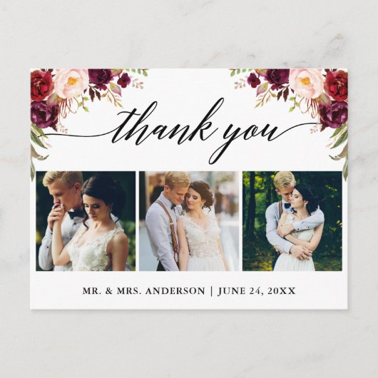 カリグラフィー バーガンディー 結婚式 フォト サンクス ポストカード (正面)
