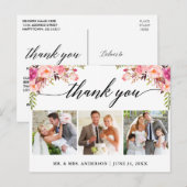 カリグラフィー ピンク フラワーズ ウェディング 3 フォト サンクス ポストカード (正面/裏面)
