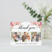 カリグラフィー ピンク フラワーズ ウェディング 3 フォト サンクス ポストカード (スタンド正面)