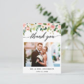 カリグラフィー ピンク フラワー ウェディング フォト サンクス ポストカード (スタンド正面)