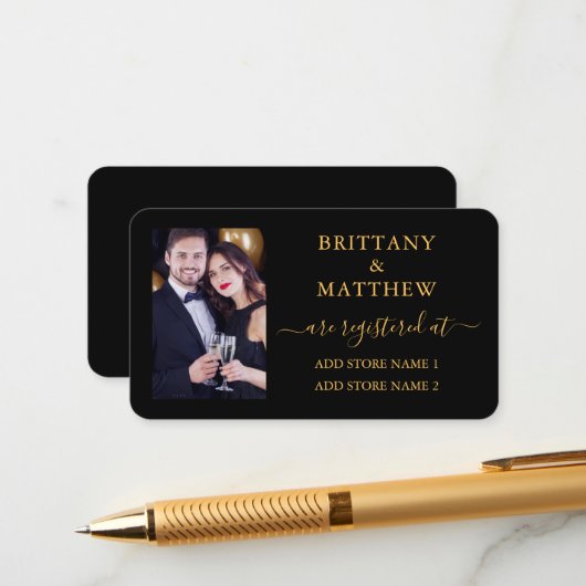 カリグラフィー フォト ウェディング レジストリー ゴールド ブラック エンクロージャーカード (正面/裏面インサイチュ)