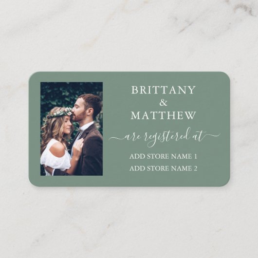 カリグラフィー フォト ウェディング レジストリー セージグリーン エンクロージャーカード (正面)