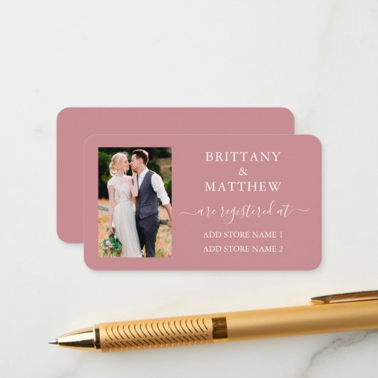 カリグラフィー フォト ウェディング レジストリー ダスティ ローズ エンクロージャーカード (正面/裏面インサイチュ)