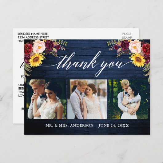 カリグラフィー フラワー ウェディング ブルー ウッド サンクス ポストカード (正面/裏面)