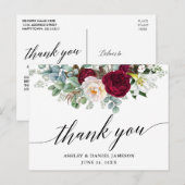 カリグラフィー ワインレッド フラワー ウェディング サンクス ポストカード (正面/裏面)