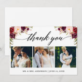 カリグラフィー ワインレッド フラワー ウェディング 3枚写真 サンキューカード (正面/裏面)