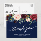 カリグラフィー ワインレッド 花 モダン ブルー 結婚式 お礼 ポストカード (正面/裏面)