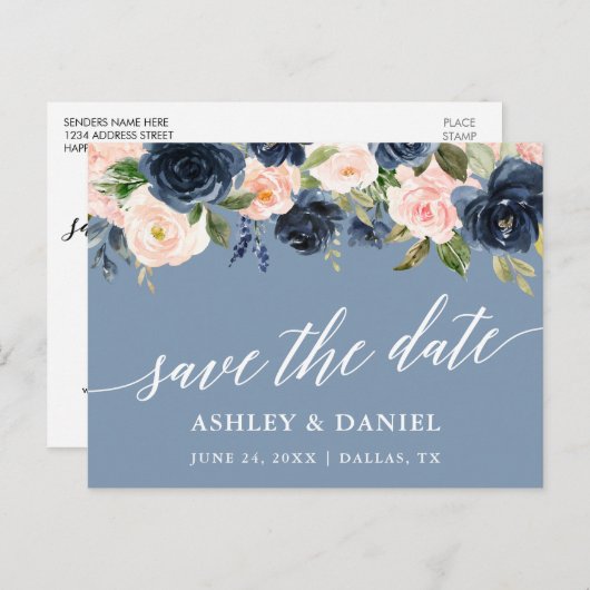 カリグラフィー Save The Date ダスティーブルー ピンク ポストカード (正面/裏面)