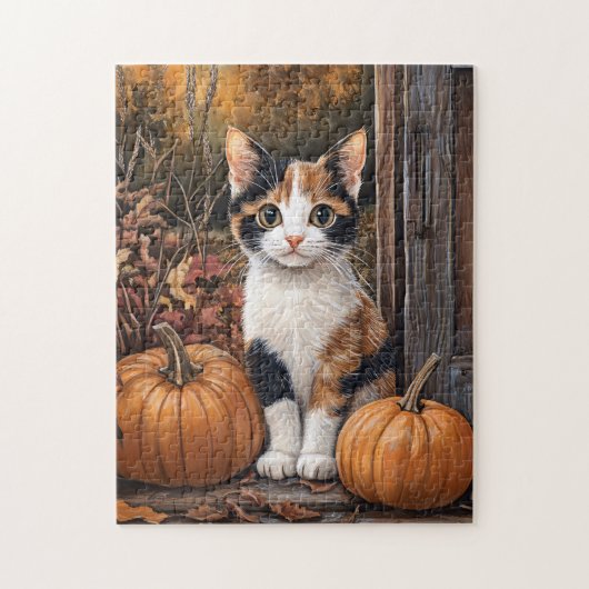 カリコの子猫が紅葉の間に座る ジグソーパズル (縦)