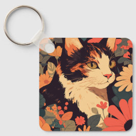 カリコエレガントキャットインフローラガーデンキーチェーン キーホルダー