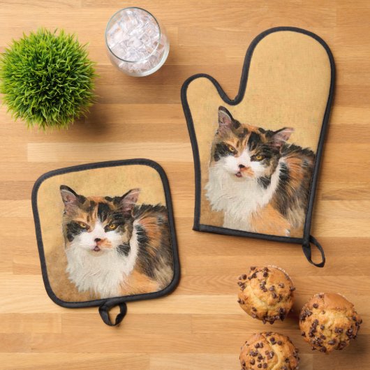 カリコキャットポートレート絵を描ズキュートオリジナルアート 鍋つかみ&鍋敷きセット (トップダウン)