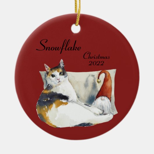 カリコ猫のノーム クリスマス テーマ 水彩 セラミックオーナメント (正面)