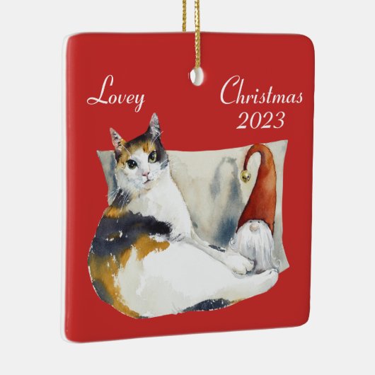 カリコ猫のノーム クリスマス テーマ 水彩 セラミ セラミックオーナメント (右)