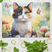 カリコ猫イン春ガーデンと蝶 キッチンタオル (折り畳み)