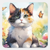 カリコ猫イン春ガーデンと蝶 スクエアシール (正面)