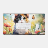 カリコ猫イン春ガーデンと蝶 デスクマット (キーボード&マウス)