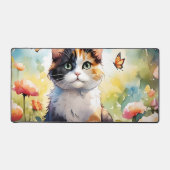 カリコ猫イン春ガーデンと蝶 デスクマット (正面)