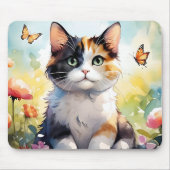 カリコ猫イン春ガーデンと蝶 マウスパッド (正面)