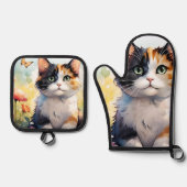 カリコ猫イン春ガーデンと蝶 鍋つかみ&鍋敷きセット (正面)