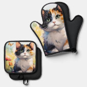 カリコ猫イン春ガーデンと蝶 鍋つかみ&鍋敷きセット (正面/裏面)
