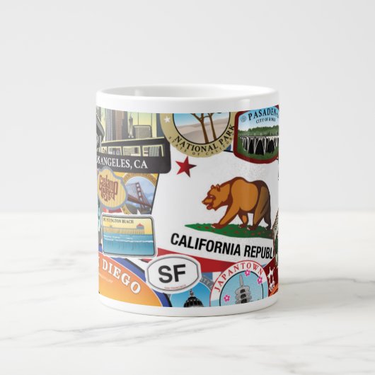 カリフォルニすごいア·ステッカーのコラージュ·パターン ジャンボコーヒーマグカップ (正面)