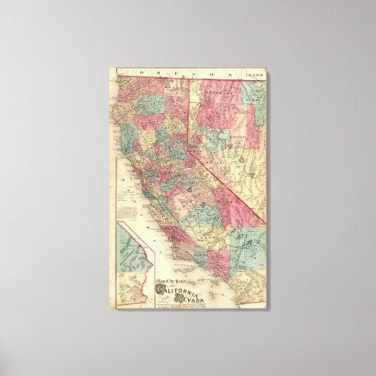カリフォルニアとネバダの州の地図 キャンバスプリント (正面)