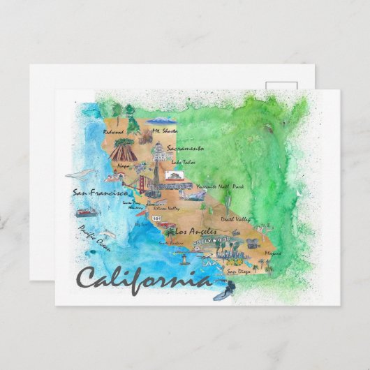カリフォルニアと観光客マップ ポストカード (正面/裏面)