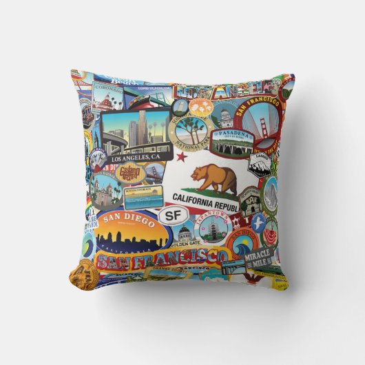 カリフォルニアによってすごいステッカーのコラージュパターン クッション (正面)