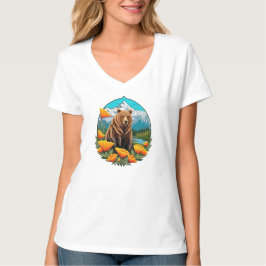 カリフォルニアのオレンジ色のカリフォルニアポピーに囲まれたカリフォルニアの熊 Tシャツ