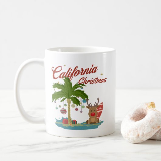 カリフォルニアのクリスマスパームツリーとトナカイ コーヒーマグカップ (ドーナツ)