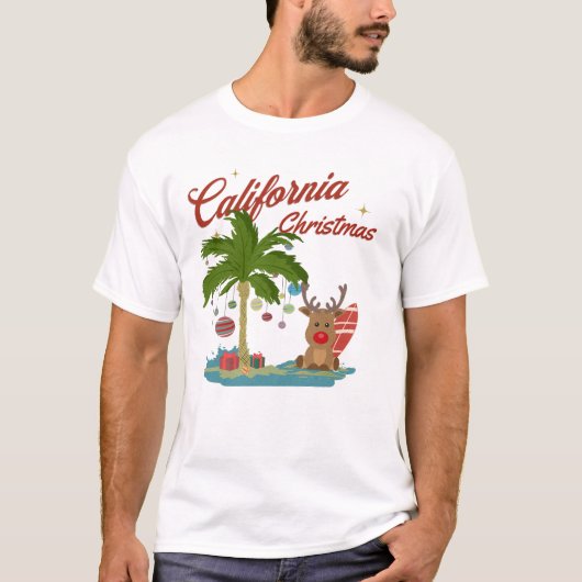 カリフォルニアのクリスマスパームツリーとトナカイ Tシャツ (正面)