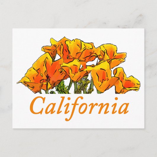 カリフォルニアのケシのスタイライズドアート、"California" テキスト付き ポストカード (正面)