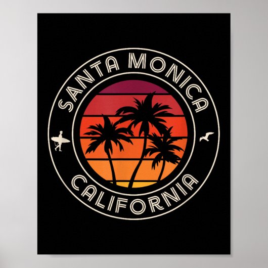 カリフォルニアのサンセットサーファーとシーガルサンタモニカ ポスター (正面)