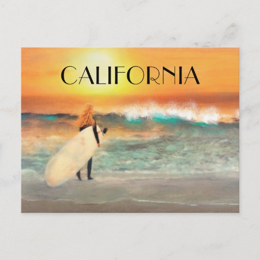 カリフォルニアのサーファーガール ビーチの夕日 ポストカード (正面)