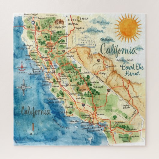 カリフォルニアのビンテージ水彩画旅行地図アート ジグソーパズル (縦)