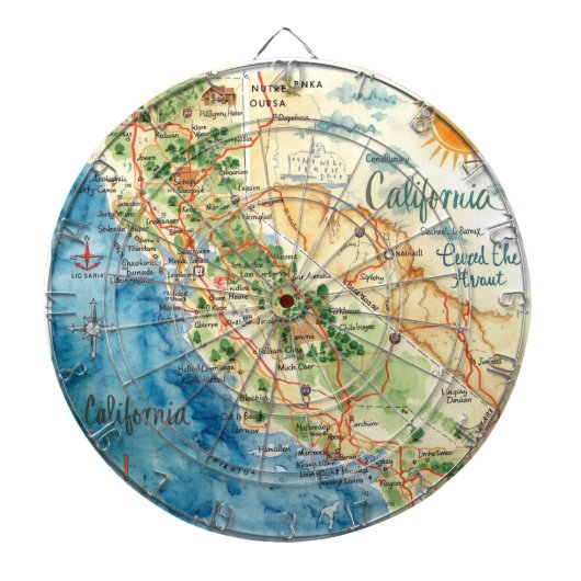 カリフォルニアのビンテージ水彩画旅行地図アート ダーツボード (正面)
