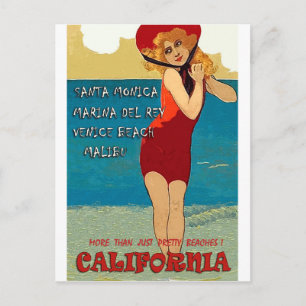 カリフォルニアのビーチ、赤い水着の女性 ポストカード
